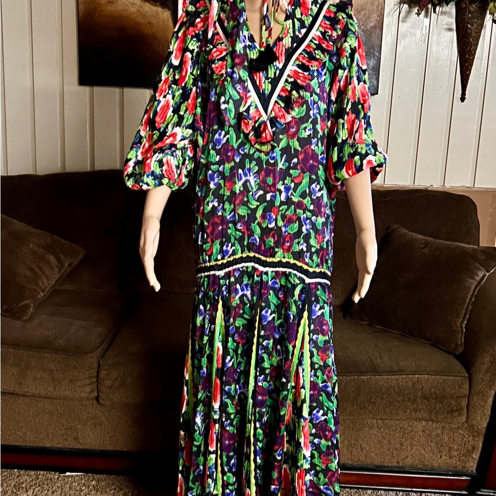 Diane Freis~Vintage • Large • Multi-Colors • Floral •W/ Ruffles & Tie Boho Dress - Picture 12 of 16